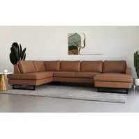 Wohnlandschaft PLACES OF STYLE "Pinto, 350 cm, U-Form, XXL, mit Ottomanen" Sofas Gr. B/H/T: 350cm x 85cm x 206cm, Luxus-Microfaser in Lederoptik, Ottomane links, braun (cognac) Cord, Feincord, Luxus-Microfaser Leder und Chenille