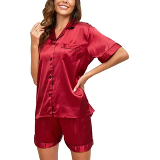 Reliwel Schlafanzug Damen Satin Pyjama Damen Kurz Set mit Knopfleiste V-Ausschnitt Zweiteiliger Pjs Sets Seide Nachtwäsche Kurzarm Sommer Hemdpyjama Hausanzug S-XXL - L