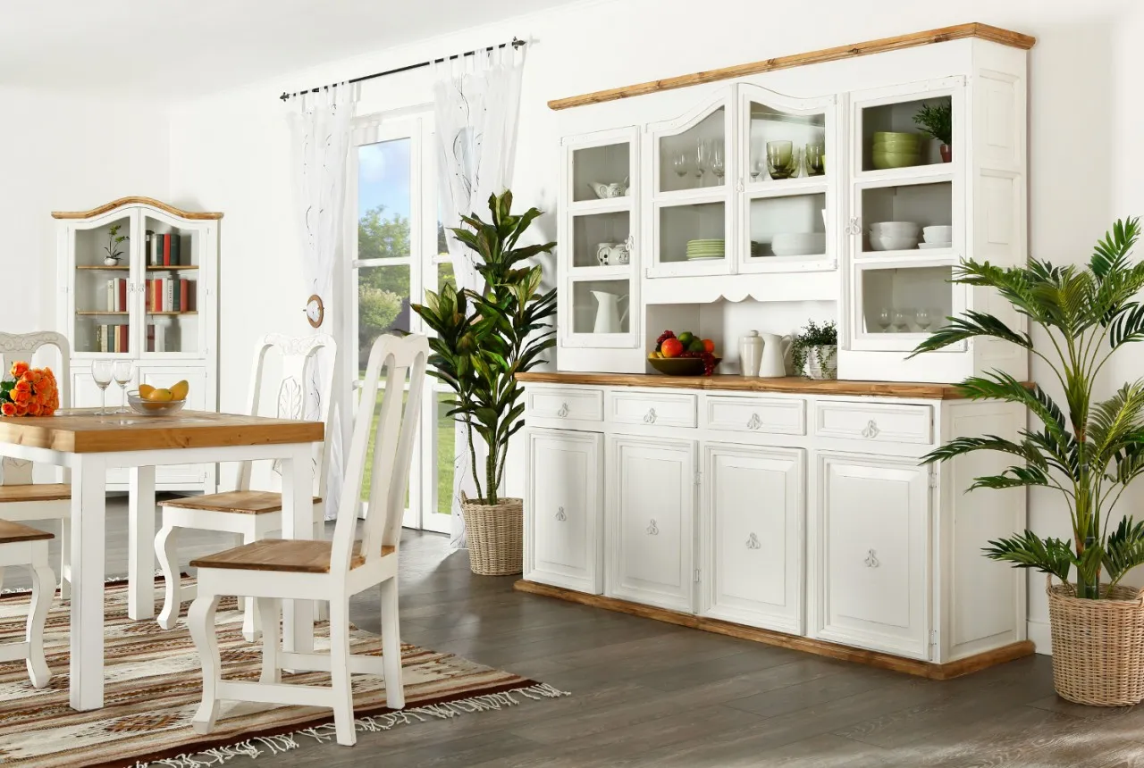 Geschirrschrank, Buffetschrank, Küchenschrank, Anrichte, Büffet, weiß, MEXICO Landhausstil, Naturholzmöbel