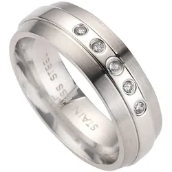 Zeeme Stainless Steel Ring Edelstahl glanz/matt mit weißem Zirkonia