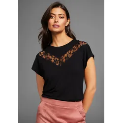 Rundhalsshirt, angeschnittene Kurzarmärmel, figurumspielende Passform, Gr. 42, schwarz, , 45639430-42