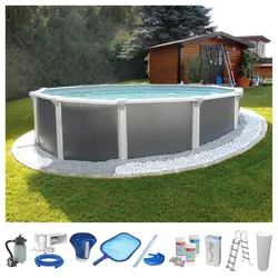 Rundpool KWAD "Steely Supreme Design inkl. Sicherheitsleiter und Zubehör", grau (anthrazit), H:132cm Ø:550cm, Schwimmbecken, 10-tlg., Höhe: 132 cm, inkl. Wasserpflegeset, graue Innenfolie