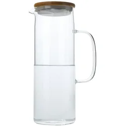 Intirilife Karaffe mit Bambusdeckel in KLAR - 1,1l Krug aus Borosilikatglas mit Henkel Holz Deckel für heiße und kalte Getränke, Tee, Kaffee, Wasser