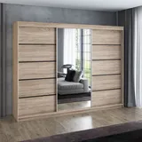 mebloland Schwebetürenschrank, 3-türig Schrank 200 cm mit 4 Schubladen, und Spiegel- VILANO 2 - Sonoma / sonoma / sonoma