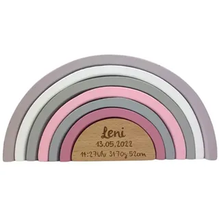 Geburtsgeschenk Regenbogen Farbe I Geschenk zur Geburt I Graviert I Regenbogen mit Namen & Geburtsdaten I Personalisierte Babygeschenke (Rosa)