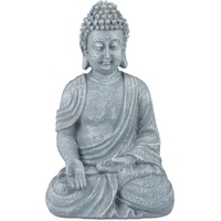Relaxdays Buddha Figur sitzend 18cm, Dekofigur für Wohnzimmer, Bad und Garten, feuchtigkeitsresistent, Kunststein, grau