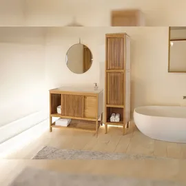 Mendler Teak-Hochschrank HWC-M70, Badschrank, 2 Türen 5 Fächer, hochwertiges B-Grade-Teak (Kernholz, 20-30 Jahre) 181x41x35cm