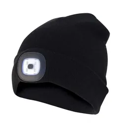 Mütze mit LED-Frontleuchte, Strickmütze mit LED-Licht ideal zum Joggen, Campen, Arbeiten, Spazieren etc., wiederaufladbar per USB und waschbar, schwarz