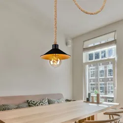 Seillampe Pendellampe Hanfseil gold schwarz E27 Vintage Wohnzimmer Pendelleuchte verstellbar, Hanfseil Metall, 1x E27 Fassung, DxH 22x120 cm