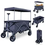 CCLIFE Bollerwagen Faltbar Kinder mit Dach und Tischplatte bis 80kg Belastbar Breite Reifen Handwagen Klappbar - Countryrider Grau