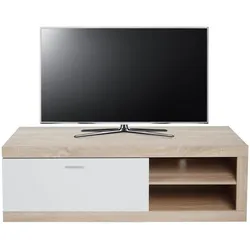 TV-Rack MCW-L33, TV-Board Fernsehtisch Lowboard TV-Schrank Kommode, Holz 43x140x41cm Staufach, Eiche-Optik, weiß