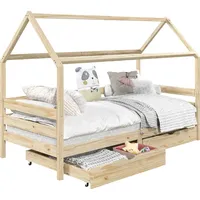 Idimex Hausbett CLIA Montessori aus massiver Kiefer, Kinderbett mit Dach, Tipi Bett mit 2 Schubladen