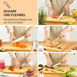 Klarstein Küchenmesser Set mit Messerblock Selbstschärfend, Messerset mit Akazienholz-Messerblock, 5 Scharfe Messer, Kratzfeste Edelstahl-Messer