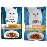 PURINA Gourmet Perle Genuss in Gelee Katzenfutter nass mit Lachs & feiner Grillachsnote 26er Pack (26 x 85g) & PURINA Gourmet Perle Genuss in Sauce Katzenfutter nass, mit Huhn, 26er Pack (26 x 85g)