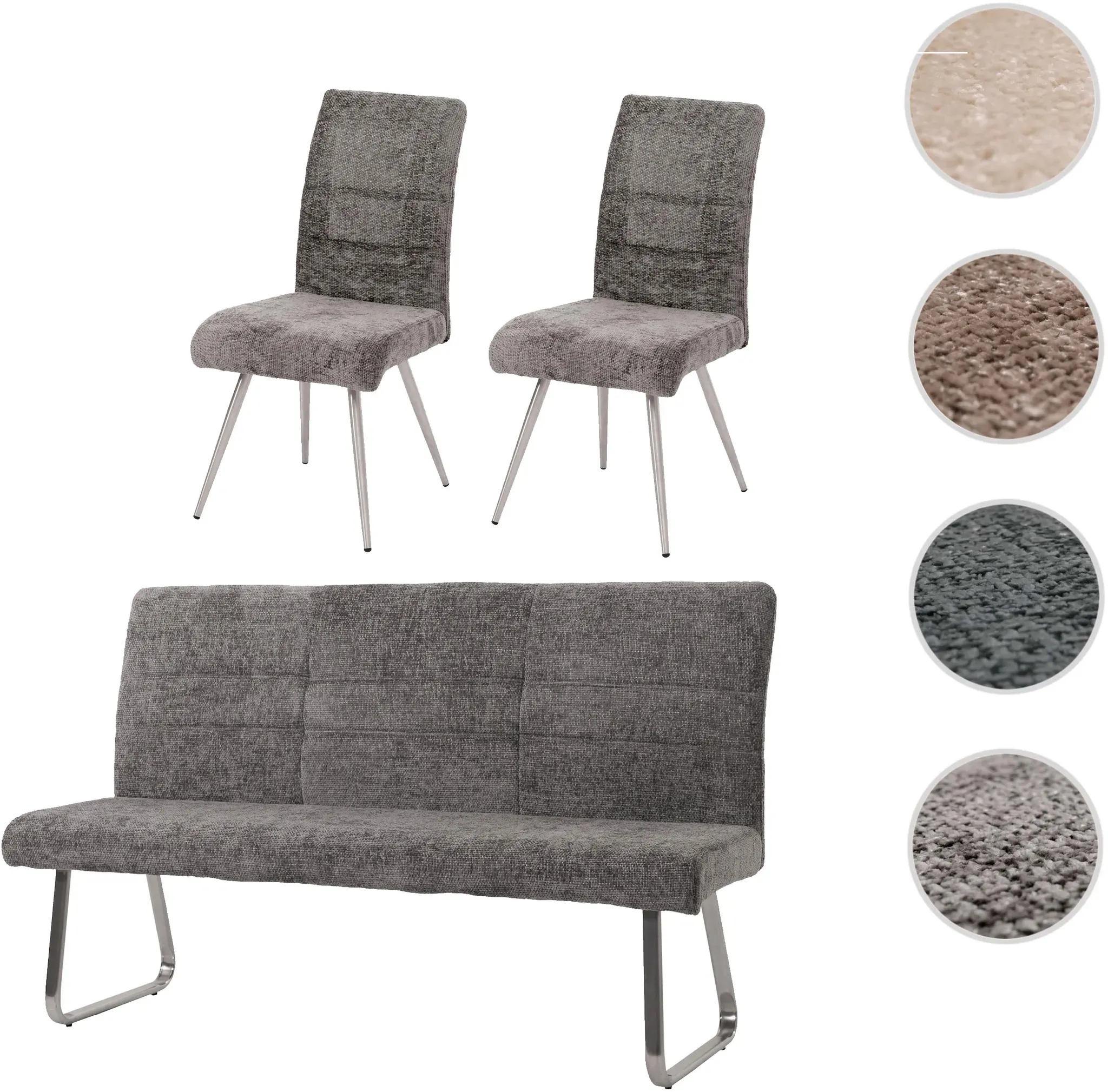 Esszimmer-Set HWC-G55, 2er-Set Stuhl + Sitzbank 180cm, Edelstahl gebürstet Stoff/Textil Chenille ~ dunkelgrau