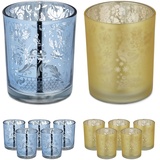 Relaxdays Teelichtgläser, 12er Set, Teelichthalter aus Glas, ganzjährig, Votivgläser, HxD: 8,5 x 7 cm, Deko, gold/silber