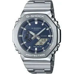 Chronograph CASIO G-SHOCK Armbanduhren silberfarben-dunkelblau, grau Herren Quarzuhr, Armbanduhr, Herrenuhr, Edelstahlarmband, Stoppfunktion