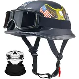 Deutsche Motorrad Jethelm ECE-Zertifizierung, Vintage Halbhelme Halbschalenhelm mit Schutzbrille Chopper Helm für Cruiser Street Scooter mit Schnellverschlussschnallen 22.4-25.2in