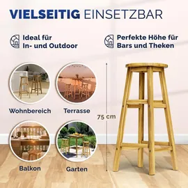 CASARIA CASARIA® 4er Set Holz Akazie Outdoor 75cm Sitzhöhe Fußstütze 150kg Belastbarkeit Massiv Rund Rustikal Garten Küche Bar Stuhl Hocker Braun