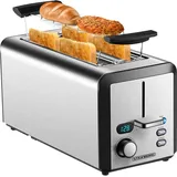 Steinborg Toaster Langschlitz 4 Scheiben Toastautomat XXL Toaster 1500 Watt 6-Stufen Bräuneregler Brötchenaufsatz Auftau-Funktion | Krümelschublade | Edelstahl | Doppelschlitz | LED Display