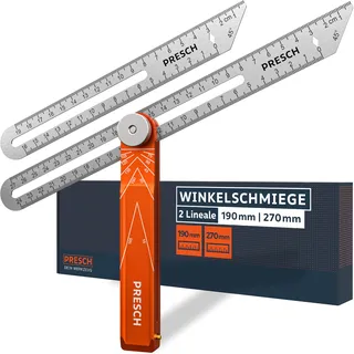 Presch Winkelschmiege inkl. Zusatzlineal - 190mm & 270mm - Extrem präzise Winkel übertragen - Verstellbare Schmiege mit Streichmaß-Funktion aus präzisionsgefrästem Aluminium und Edelstahl