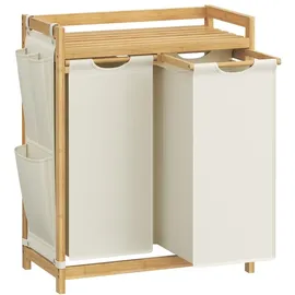 Songmics Wäschekorb 2 Fächer, Bambus, Wäschesammler 100 L, mit Ablage - Weiß