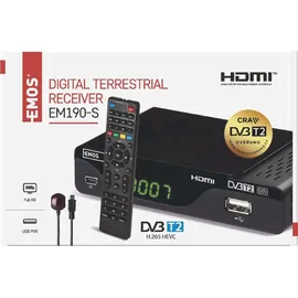 EMOS DVB-T2 Receiver H.265 HEVC mit USB, HDMI, SCART und Koaxial-Anschluss, Fernbedienung und Infrarot-Sensor, PVR, Mediaplayer und EPG Funktion, 1080p