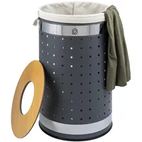 ELUNO runde Wäschetonne, Wäschekorb, Wäschesammler mit waschbarem Wäschesack und abnehmbaren Deckel, 50 Liter Fassungsvermögen für Schlafzimmer, Badezimmer, Wäscheaufbewahrung aus Metall (Grau)