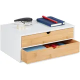 Relaxdays Schubladenbox, Bambus & MDF, Mini Kommode 2 Schubladen, HBT: 14x33x21 cm, Schreibtisch Organizer, weiß/natur