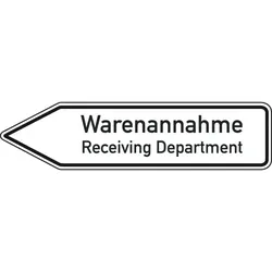 Schild I Wegweiser Warenannahme/Receiving Dep., 2-spr., linksweisend, Aluminium RA0, 1400x350mm, DIN 67520