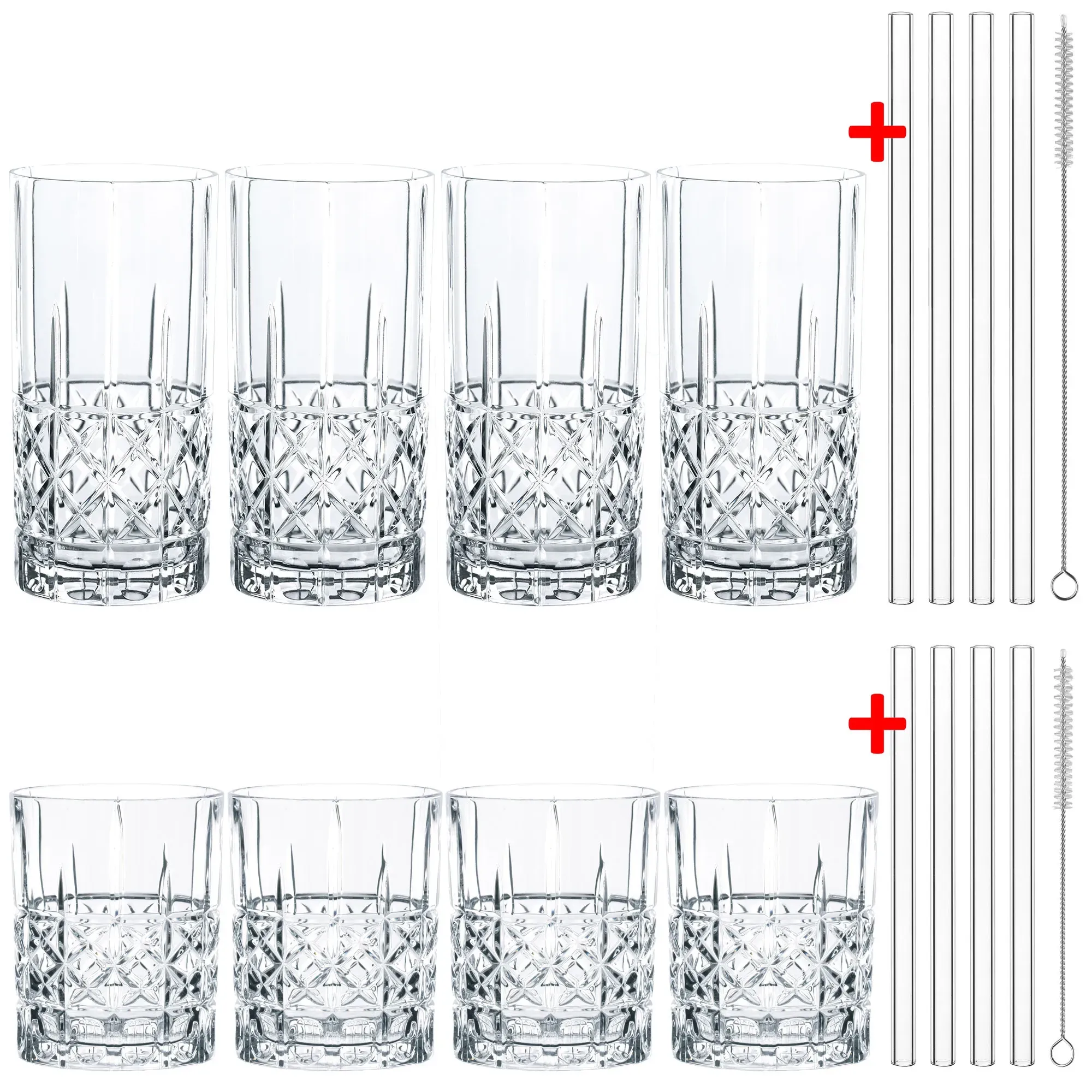 SPIEGELAU Elegance 4 Whiskybecher + 4 Longdrinkgläser + 8 Glastrinkhalme im Set