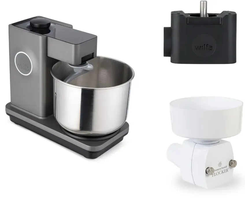 Wilfa Küchenmaschine Probaker KM1GY-70 grau + Tool Adapter + Messerschmidt Flockervorsatz