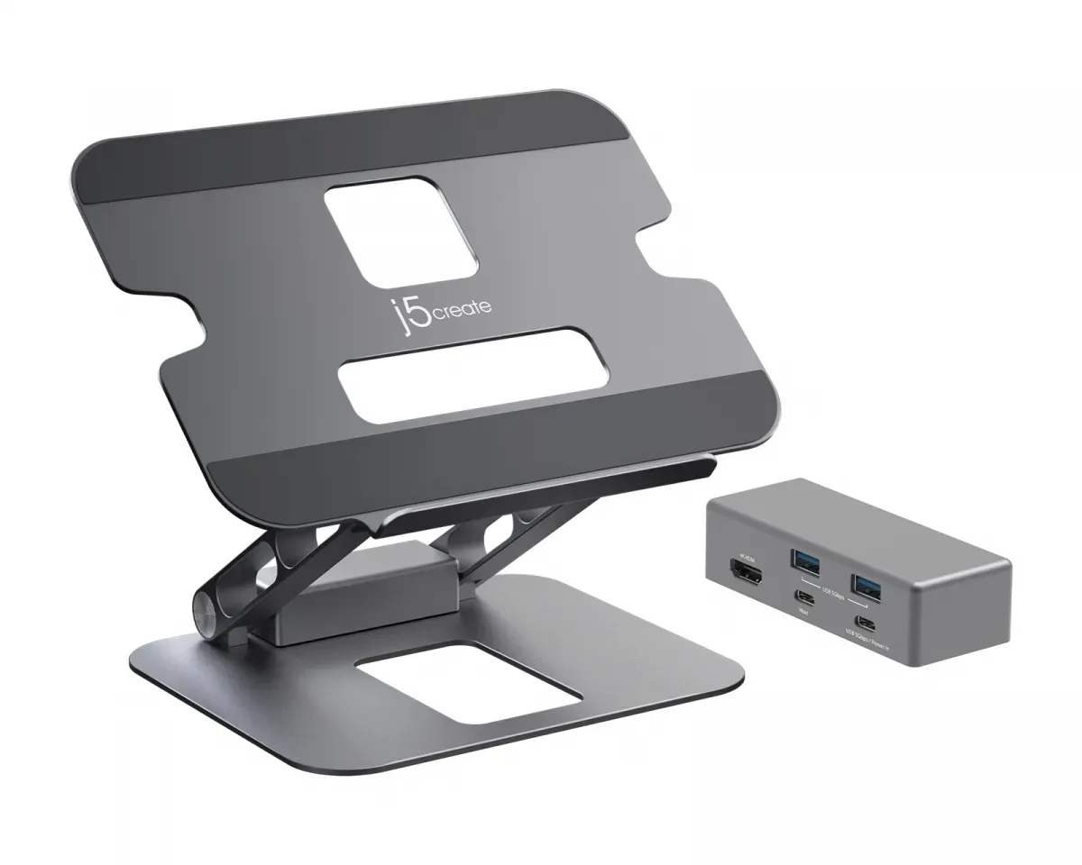 j5create Verstellbarer Laptopständer aus Aluminium mit 4K USB-C Mini-Dockingsta