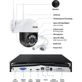 ZOSI 3MP Überwachungskamera Set WLAN Aussen, 4X Schwenkbar PTZ Dome Kamera 355°/140°, 8CH 1TB HDD NVR, 2-Wege-Audio, Personenerkennung, Spotlight Alarm