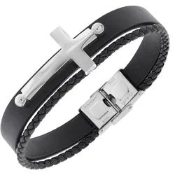 trendor 75875 Herren-Armband Leder Schwarz Stahl Kreuz