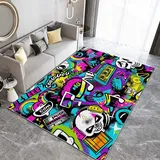 Teppich Wohnzimmer Graffiti-Stil Musikelemente Smiley-Gesichter Teppich Flauschig Schlafzimmer Teppich Weich Esszimmer Teppich Outdoor Teppich Waschbarer Teppiche Rutschfest Teppich 80 x 150 cm