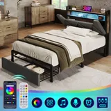 AUTOLOCK Polsterbett mit USB Typ C Ladefunktion Stauraum-Kopfteil und LED-Beleuchtung und Schubladen, Einzelbett 90 x 200 Stauraumbetten Bettgestell - Grau