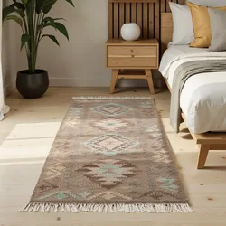 Teppich HANSE HOME "Kelim Dune", beige hellblau, B:60cm H:3mm L:190cm, Wolle, Baumwolle, Teppiche, Wolle, Baumwolle, Natur, Handgewebt, orientalisch, Boho, traditionell