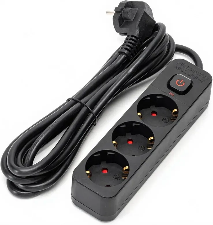Aigostar Steckdosenleiste mit Kabel/Deutsche 3-fach/3G1.5mm2/3m/Mit quadratischem Schalter/Rechteckig/Schwarz/PP/Leitungen