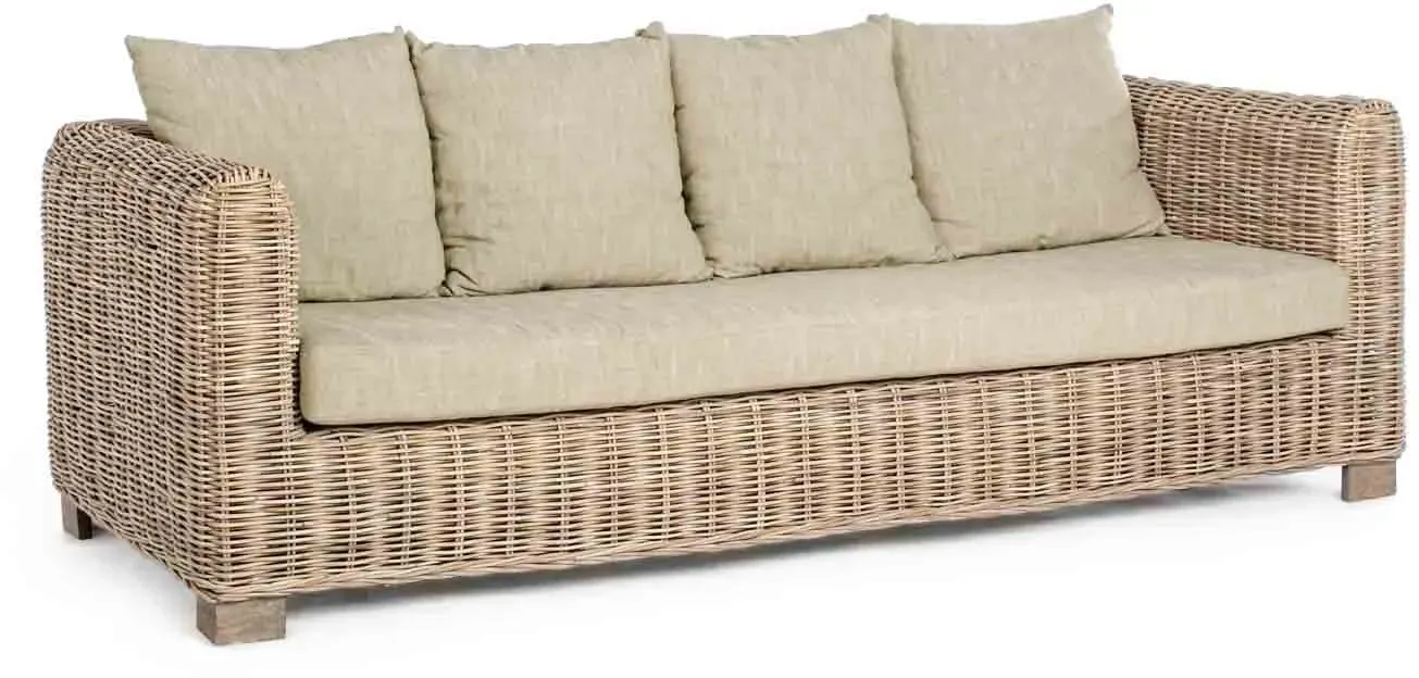 Sofa Rattan und Mangoholz, skandinavischer 3 Sitzer, Natur, abziehbare Kissen, Indoor