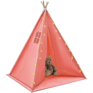 Kinder Tipi Zelt, 120 * 120 * 140cm Baumwolle Spielzelt Kinderzelt mit Matte und Lichterkette, Kinderzelt Lichterkette,faltbares Spielhaus ideal für Kinderzimmer, Schlafzimmer (Rosa)