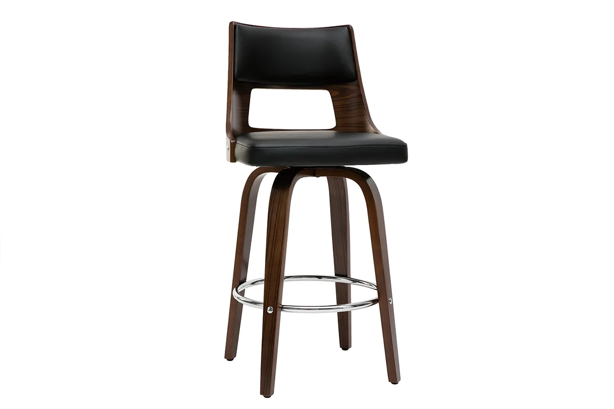 Tabouret de bar vintage pivotant noir et bois foncé GARBO