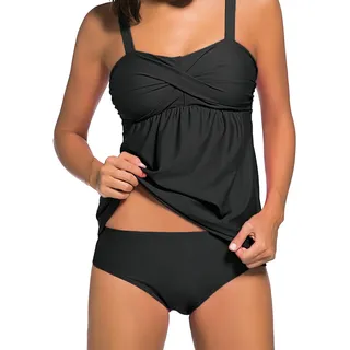 Ocean Plus Damen Eleganter Figurumspielender Tankini mit Slip Bauchweg Bügellos Unifarben Zweiteiliger Tankini Set mit Verstellbaren Trägern (3XL (EU 44-46), Schwarz) - 3XL
