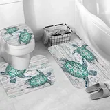 Badteppich 3 Stück Weiche saugfähige Badematten,Schildkröte Meer Meerestier Schildkröte Schildkröte auf rustikalem Holzbrett Cos,Rutschfeste Badematte Teppiche & Toilettendeckelabdeckung Set Waschbar