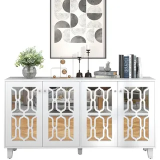 OKWISH Sideboard Küchenschrank, Anrichte, verspiegelte Anrichte mit kühlen Kristallgriffen,für wohnzimmer weiß 160 cm x 84 cm x 40 cm