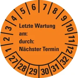 Dreifke® Prüfplakette Letzte Wart.,am,durch,Nächste Prüf.27-32,orange,Dokufolie,Ø30mm,18/BOG