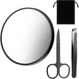 BBTO 20 Fach Vergrößerungsspiegel Pinzetten Schere Kit 20x Schminkspiegel mit Saugnäpfen Reise Kompaktspiegel mit Augenbraue Scheren Zupfpinzette für Damen Herren Make Up, 8,8 cm, Schwarz