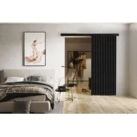 Schwebetür 90 cm Belor - Schiebetür mit Lamellen imitation, Design Zimmertür - Schiebetürsystem (Graphit) - Dunkelgrau/Schwarz