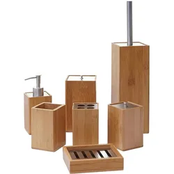 Mendler 7-teiliges Badset HWC-A90, WC-Garnitur Badezimmerset Badaccessoires Seifenspender Zahnbürstenhalter Seifenschale, Bambus