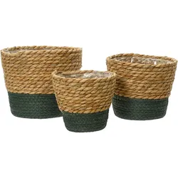 KSD 3 Blumentöpfe geflochten 14-20cm - Übertopf Korb Blumen Pflanzen Flechtkorb Aufbewahrung Blumenkorb Pflanzenkorb Indoor Deko Boho Natur Dunkelgrün